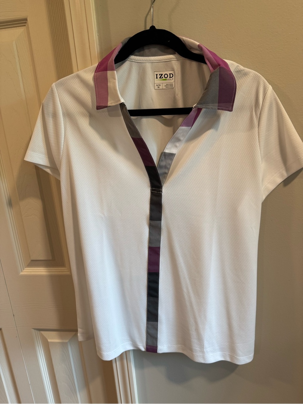 IZOD White Short Sleeve Polo with Purple and Gray Trim